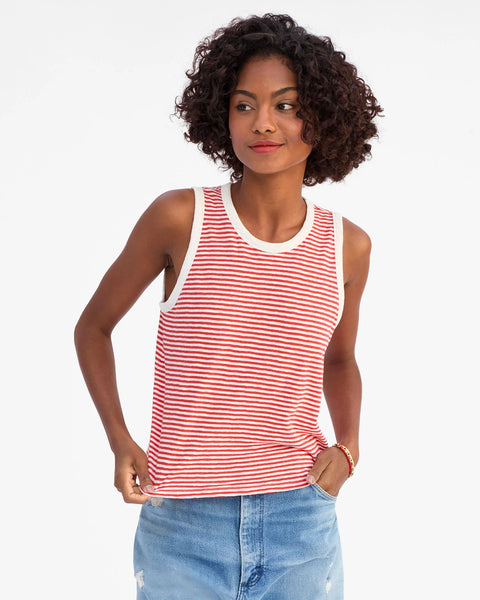Clare V. Clare V Camp Fit Tank in Bright Poppy with Cream Mini Stripe: features cotton, linen