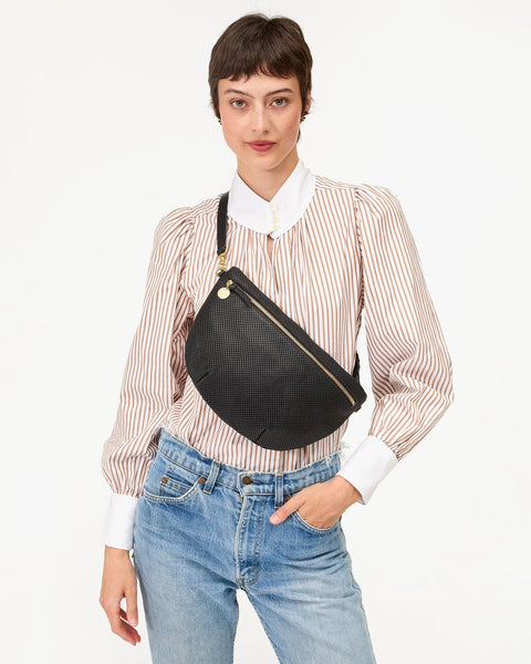 Fanny pack type purse, crossbody, bum bag, or shoulder bag - anything goes.
With a detachable, adjustable, interchangeable strap, made from unlined, perforated Italian leather.