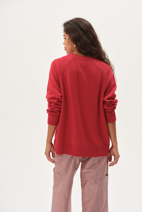 Red cotton knit sweater back view relaxed fit ribbed edges