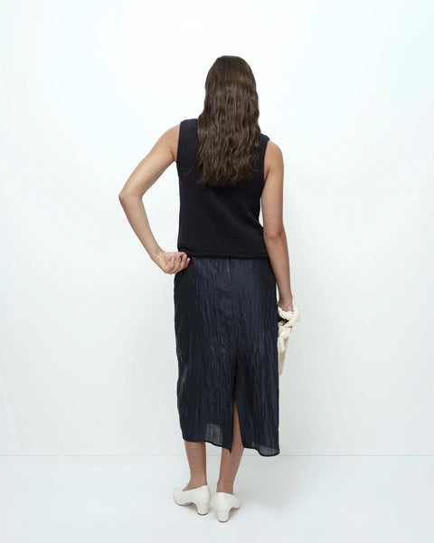 Navy crinkled midi skirt full back view semi sheer fabric