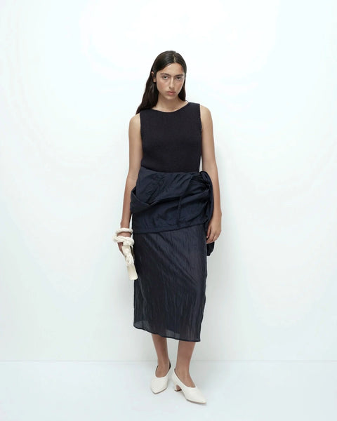 Navy midi skirt full length front view flowy silhouette