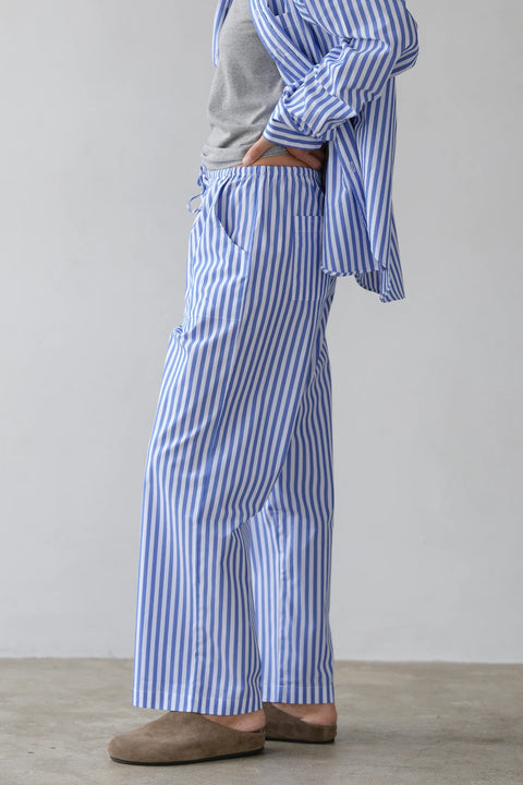 DONNI The Blue and White Stripe Pop Drawstring Pant | Azure. Drawstring waist, cropped fit, back and front pockets, crisp cotton