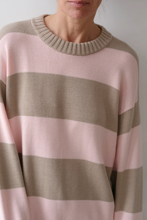 DONNI The Cotton Knit Stripe Crewneck Sweater, Shiitake Ballerina pink and brown stripe, cashmere and cotton blend budded edges and relaxed fit. 