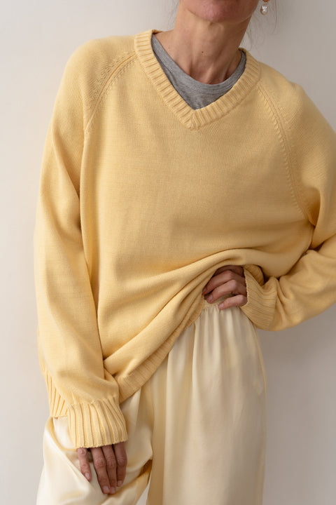 DONNI The Cotton Knit V-Neck Sweater, in butter yellow. 100% organic cotton v neck summer sweater relaxed fit