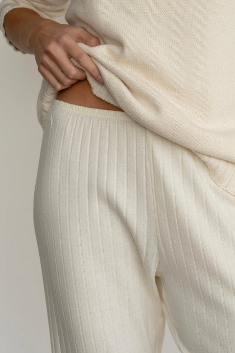 Cream cropped, cotton Lounge pant in Pointelle, easy elastic waistband and a cropped silhouette

