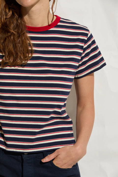 Asher Mina Stripe Tee Navy Natural Red - Close-Up of Flatlock Construction and 100% Supima Cotton Vintage 70s Stripe