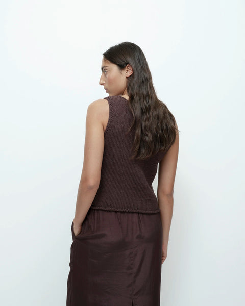 Dark brown boat neck knit tank angled view sleeveless relaxed fit