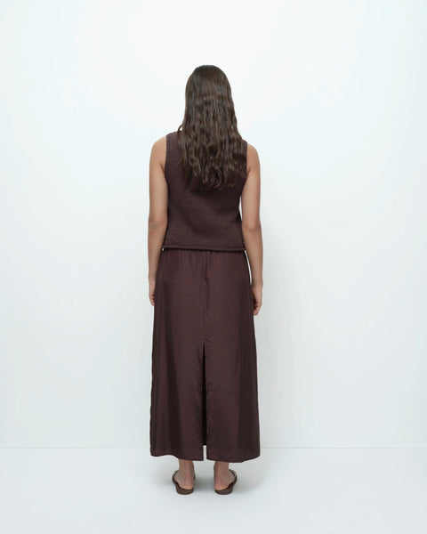 Dark brown boat neck knit tank back view relaxed silhouette