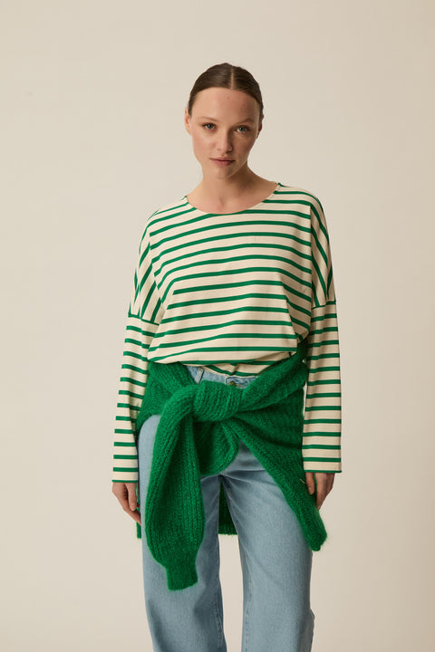 Heavy weight cotton white and green striped sweater, oversized fit
