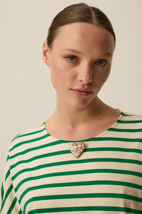 Heavy weight cotton white and green striped sweater, oversized fit
