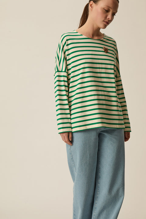 Heavy weight cotton white and green striped sweater, oversized fit
