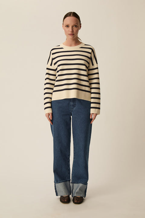 Sweater jumper, stripe with cream and navy, wide cute, offset sleeves, cotton and cashmere, 

