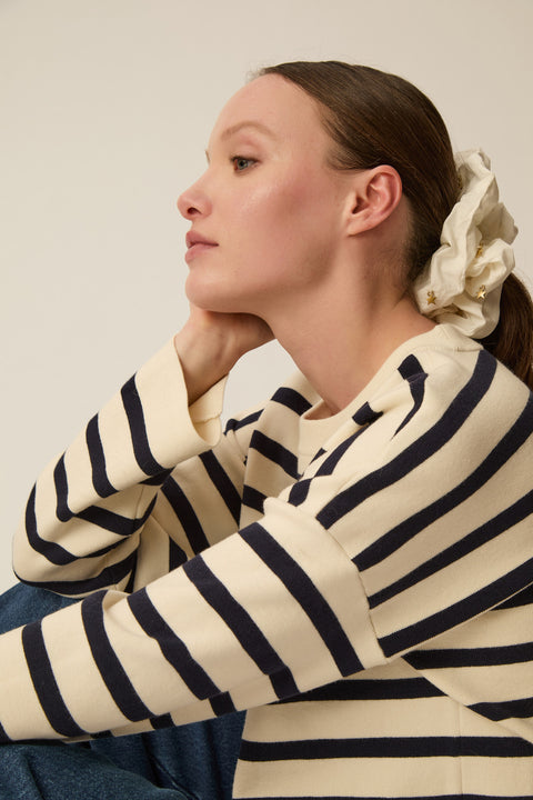 Sweater jumper, stripe with cream and navy, wide cute, offset sleeves, cotton and cashmere, 
