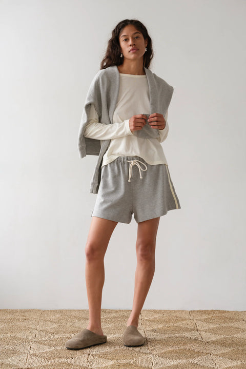 Front view of DONNI heather grey eco terry stripe shorts – casual women's organic cotton shorts with drawcord waist