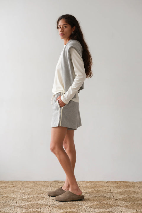 DONNI Eco Terry Stripe Short in Heather Grey – comfortable lounge shorts with side pockets and athletic stripe