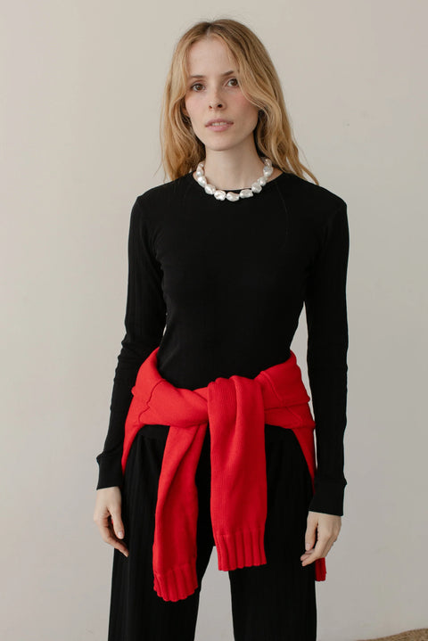 DONNI Pointelle Long Sleeve Jet - Front View Showing Delicate Eyelet Pointelle Detail and Baby Rib Cuffs