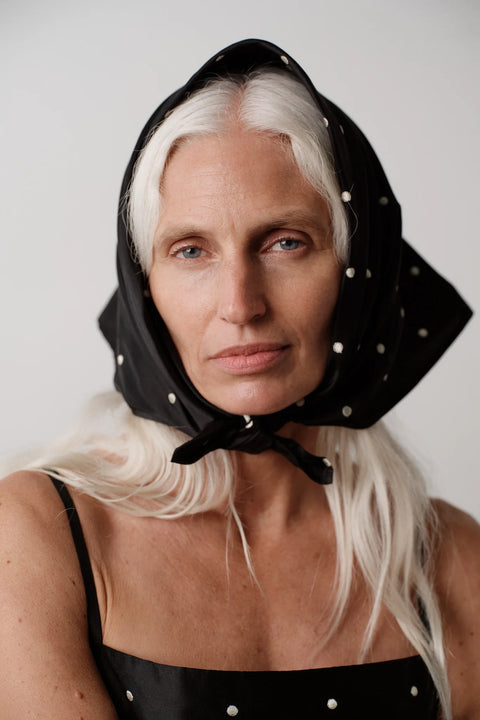 DONNI The Silk Taffeta Headscarf | Jet Creme Polka Dots