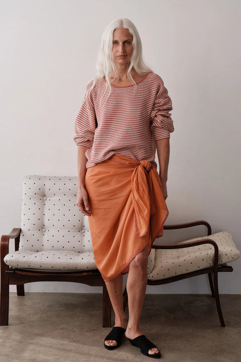 DONNI Rhubarb with Creme Stripe Sweater - Front View Showing Textured Cotton Knit Stripe and Ribbed Trim