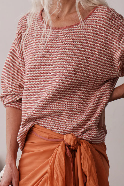 DONNI Rhubarb Creme Sweater - Close-Up of Textured Stripe Knit and Ribbed Cuff and Neck Trim