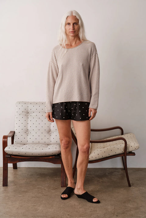 DONNI Shitake with Powder Stripe Sweater - Front View Showing Textured Cotton Knit Stripe and Ribbed Trim