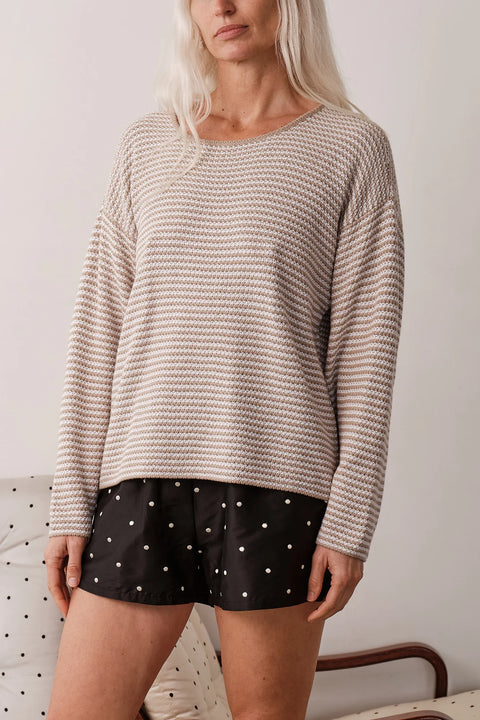 DONNI Cotton Knit Sweater Shitake with Powder - Side View Highlighting Dropped Shoulder and Relaxed Silhouette