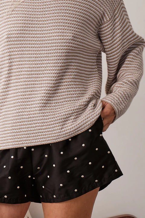 DONNI Shitake Powder Sweater - Close-Up of Textured Stripe Knit and Ribbed Cuff and Neck Trim