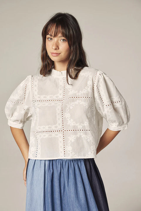 White embroidered eyelet cotton blouse with puff sleeves front view. 100% Cotton.