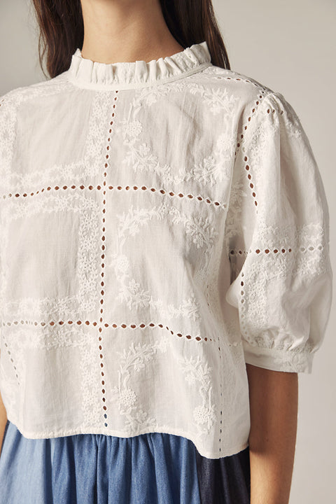Cotton eyelet blouse close up embroidery detail neckline. 