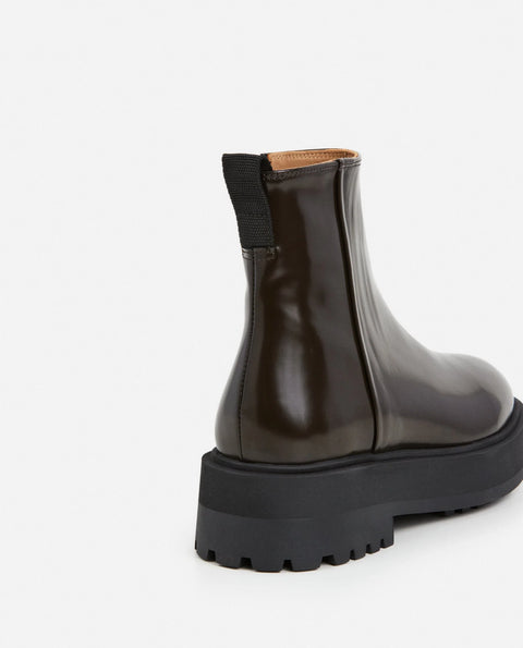 Leather platform boot with rubber sole, side zipper in chocolate brown made by Flattered 
