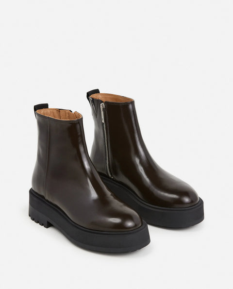 Leather platform boot with rubber sole, side zipper in chocolate brown made by Flattered 