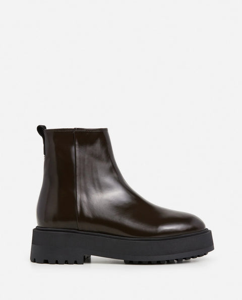 Leather platform boot with rubber sole, side zipper in chocolate brown made by Flattered 