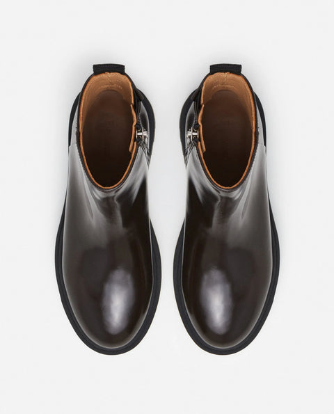 Leather platform boot with rubber sole, side zipper in chocolate brown made by Flattered 