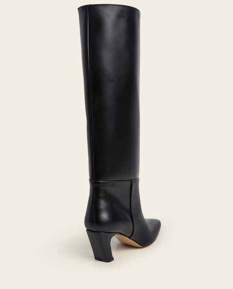 Flattered Xia Boot Black - side view showing elongated toe, inner zip, and 15.4" shaft height