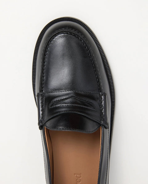 Flattered Sage Loafer in Black - Back View Showing Chromefree Goat Leather Lining and Thunit Outsole
