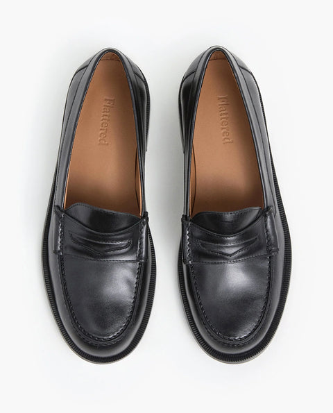 Flattered Sage Loafer Black - Side Profile View Highlighting Sleek Penny Loafer Shape and Low 20mm Heel