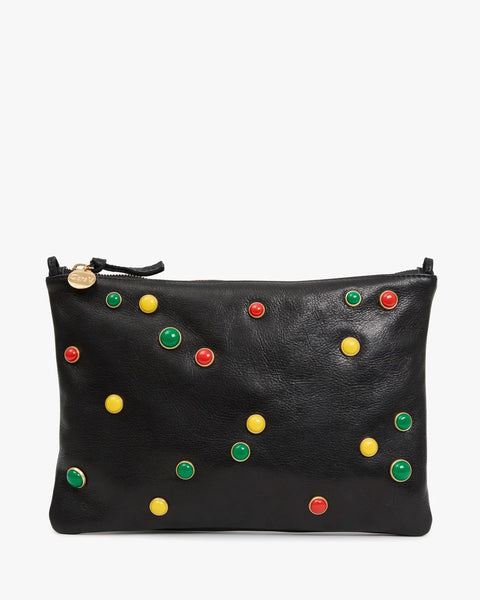 Clare V Flat Clutch Black with Bonbon Studs – front view showing stud detail and leather construction