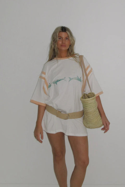 Boheme Goods x PAPOU Tourist Tee 02 - Oversized Graphic Cotton T-Shirt with Coral and Blue Artist Collaboration Print