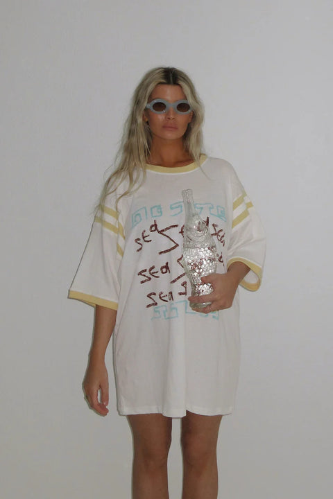 Boheme Goods x PAPOU Tourist Tee 01 - Oversized Graphic Cotton T-Shirt with Greece-Inspired Yellow and Blue Artwork