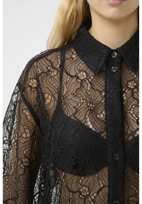 Black lace sheer button down blouse, oversized fit. 
