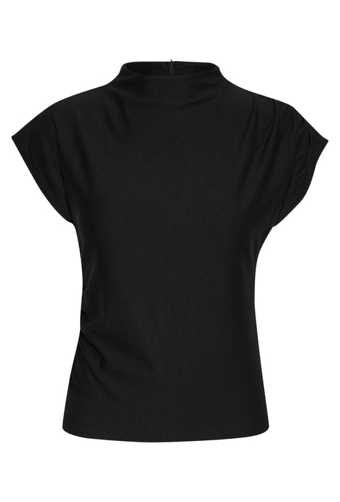 Classic minimalist cream mock neck top with cap sleeves. structured fabric. 
