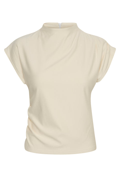 Classic minimalist cream mock neck top with cap sleeves. structured fabric. 
