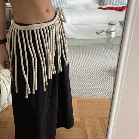 Hand crocheted fringe skirt with adjustable tie closure

