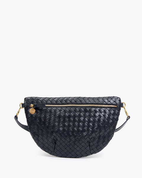 Clare V Grande Fanny Twilight Navy - styled on model as crossbody bag, 12.75" x 8" dimensions