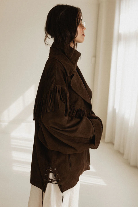 Leather suede womens jacket with fringe, oversized with a double collar
