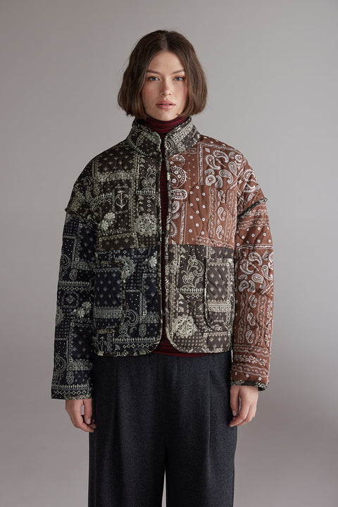 Amente Brown Black Patchwork Quilt Jacket - Front View Showing Contrast Patchwork Paisley and Multi-Colour Design