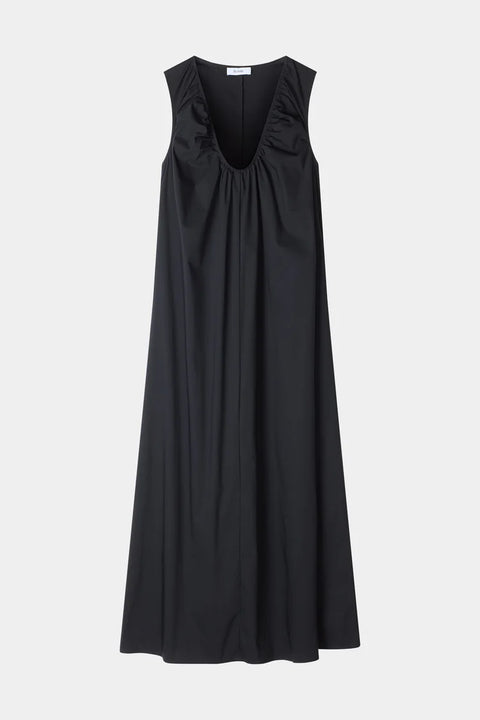 flat view of the Jaisie Dress, a soft cotton blend midi dress featuring a U-neckline and gentle gathering for a flowing silhouette.