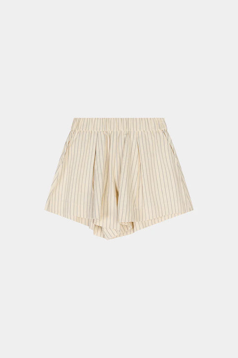 A pair of Jojo shorts in textured poplin featuring a relaxed boxer silhouette with a box pleat, subtle gathering at the waist, and a contemporary flared fit. Flat
