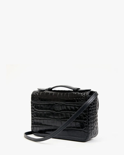 Clare V Kathryn Bag Black Croco – back view with exterior phone and passport pocket detail