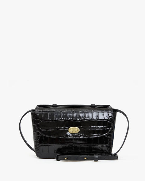Clare V Kathryn Black Croco bag – front view showing foldover detail and turnlock closure
