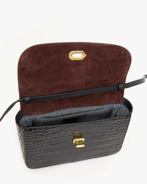 Clare V Kathryn Bag Black Embossed Croco – interior showing chambray and mocha suede lining
